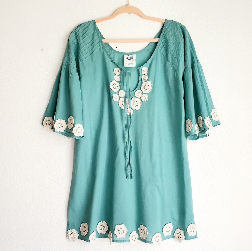 Anthropologie Mermaid Crochet Lace Tie Front Tunic Mini Dress Cover Up Green XS